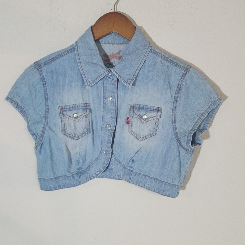 Levis Light Wash Cropped Denim Vest Cap Sleeve Bolero Jacket Womens Medium 139
